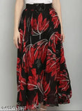 Red and black floral print midi skirt for women