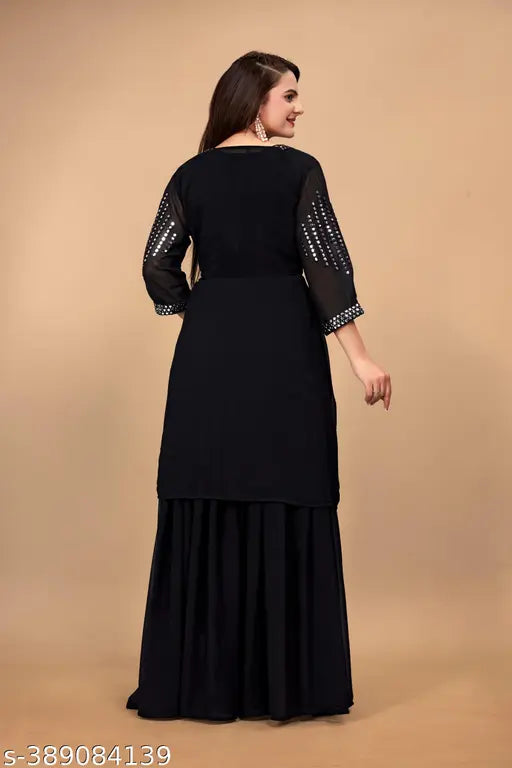 Black women's fancy indo western set, georgette crop top lehenga with shrug for any occasion, India-origin ethnic wear