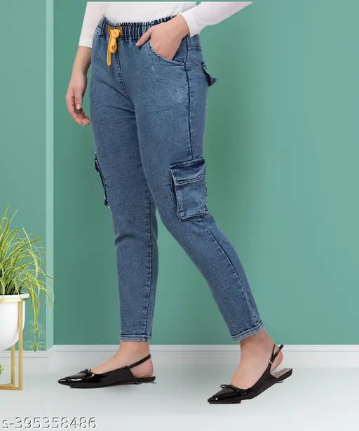 High-waisted stretchable premium blue denim cargo jeans for women