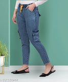 High-waisted stretchable premium blue denim cargo jeans for women