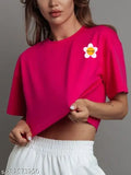Magenta cotton blend oversized crop top with shy flower print for women & girls, comfortable and versatile style for casual outfits