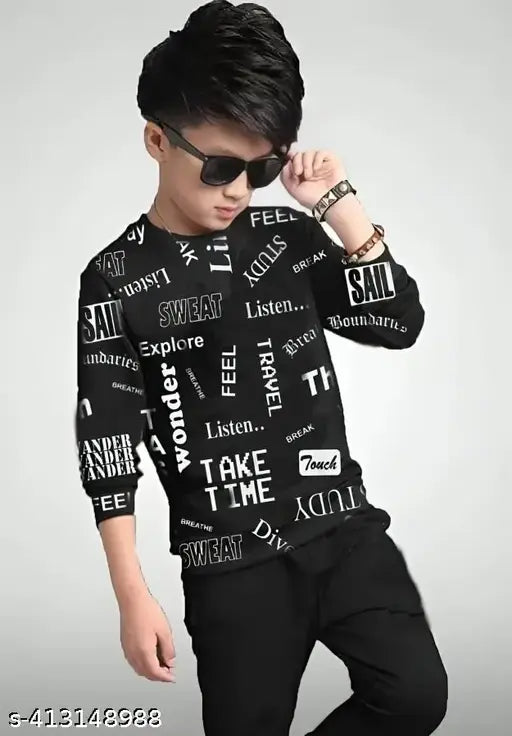Sarte Fashion Boys Black Cotton Stylish Printed T-shirt