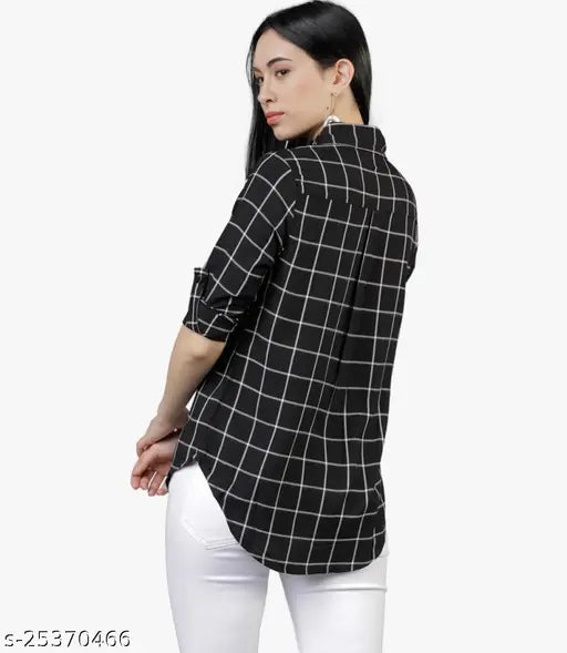 Cotton blend, self-design check shirt for women, premium denim quality, dark wash jacket with three-quarter sleeves