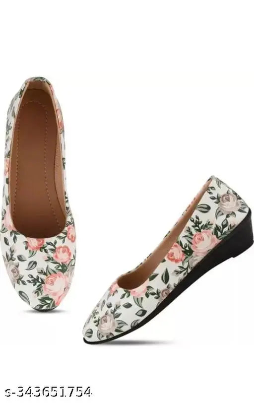 Synthetic white ballerinas from imporio Fashion Hub, slip-on design, printed pattern. Attractive and comfortable women's shoes in India sizes 3-8