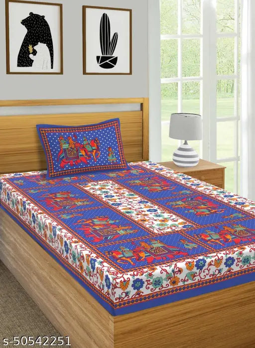 Jaipuri printed cotton single bedsheet with pillow cover, premium quality, skin-friendly colors, soft and cozy, ideal for mild winter, hand wash care