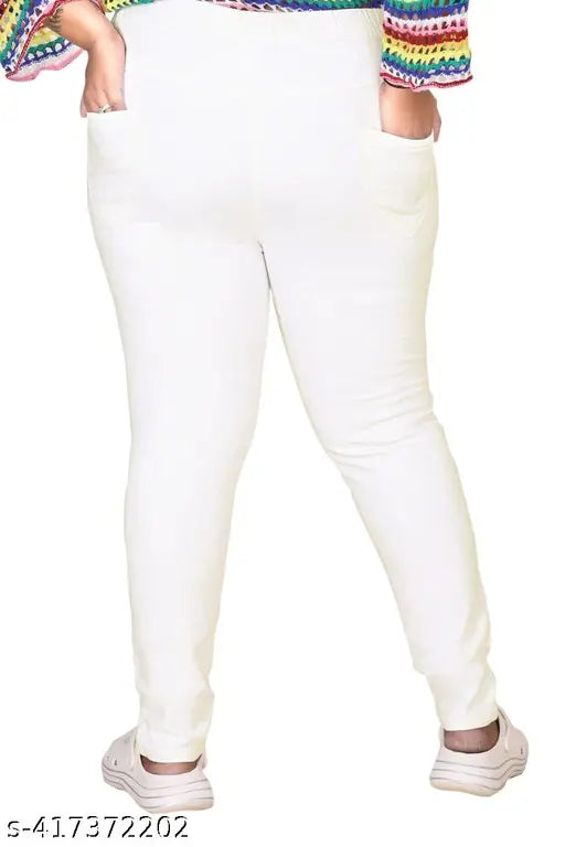 Plus size premium quality white denim jeggings, comfortable Lycra/stretchable fabric, length 40 inches, elastic waistband, India origin