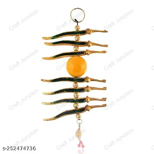 Yellow metal Nimbu Mirch wall hanging (22.5cm), traditional Vastu decor to remove negativity