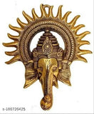Golden aluminum Ganesh wall hanging decorative showpiece, intricately detailed Indian idol, 28cm size on display