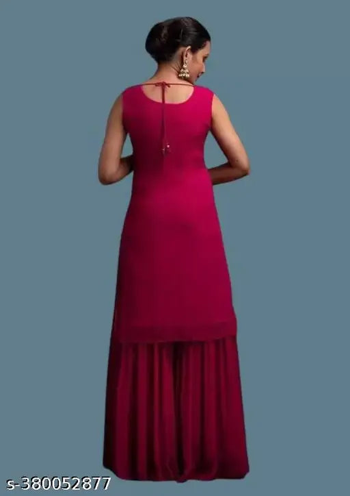 Pink embroidered ethnic set, includes sharara and dupatta for women or girls