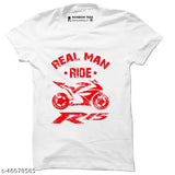 Rainbowtees men's real man RIDE R15 t-shirt, cotton short sleeves with printed pattern, men's regular fit in sizes S-XXXL, made in India on display