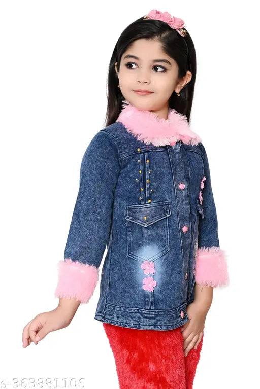 The image features a young girl dressed in a denim jacket with a borg collar, set against a white background. She is wearing red pants and has her hair styled up, possibly with clips or barrettes. Her overall appearance is casual and playful