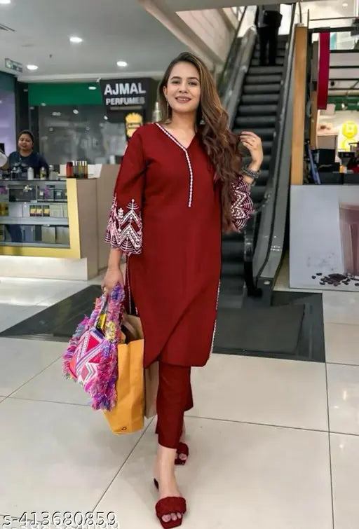 Marron Pakistani Chikankari coord set with embroidered pants, viscose rayon fabric, three-quarter sleeves