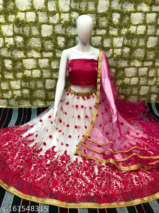 Exquisite embroidered net Lehenga Choli & Dupatta, traditional Indian festival wear with intricate embroidery on luxurious net fabric, perfect for special occasions