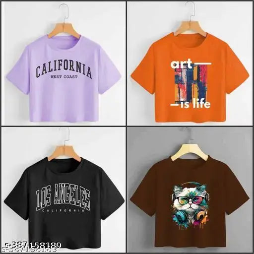 Trendy cotton blend printed T-shirt pack of 4 combo, featuring short sleeves and various sizes from XXS to XL