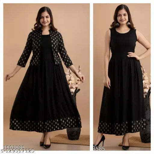 Black rayon embroidered three-quarter sleeve kurti, Indian fashion wear for women