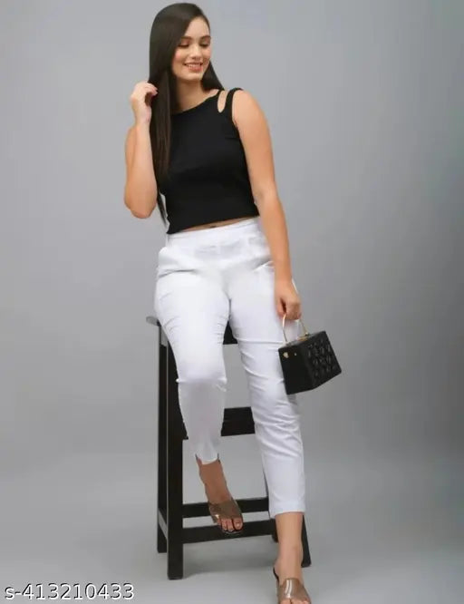 High-quality cotton stretch women's pants, solid color, available in various sizes (S-5XL), Made in India