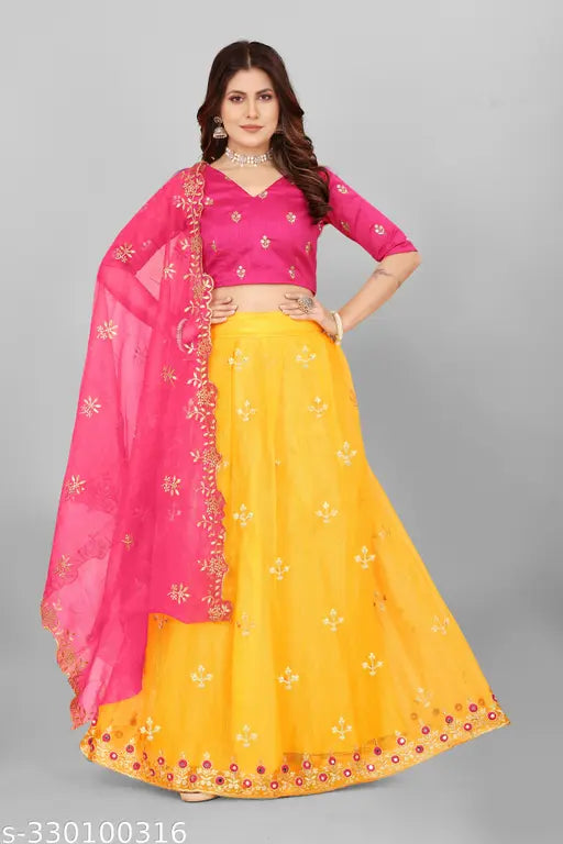 Heavy net fabric with multi-thread embroidery and mirror work Lehenga with embroidered blouse, featuring real mirror and semi stitch work, Indian handcrafted silk inner lining, 42-43 inch length