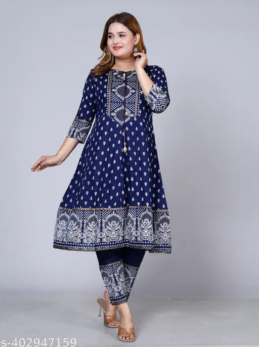 Rayon Anarkali Kurta with Palazzos, Jaipuri block-printed, 3/4 sleeves, anarkli style, printed net fabric, Indian fashion wear