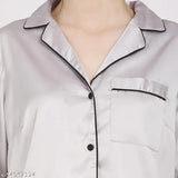 Silver solid print satin V-neck women's night suit set, comfortable lounge wear