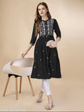 Black rayon embroidered kameez with long sleeves and straight cut, perfect for everyday wear