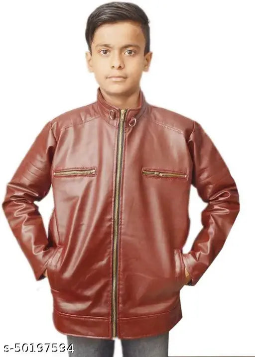 Maroon leather boys jacket, single piece, front zip closure