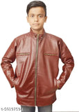 Maroon leather boys jacket, single piece, front zip closure