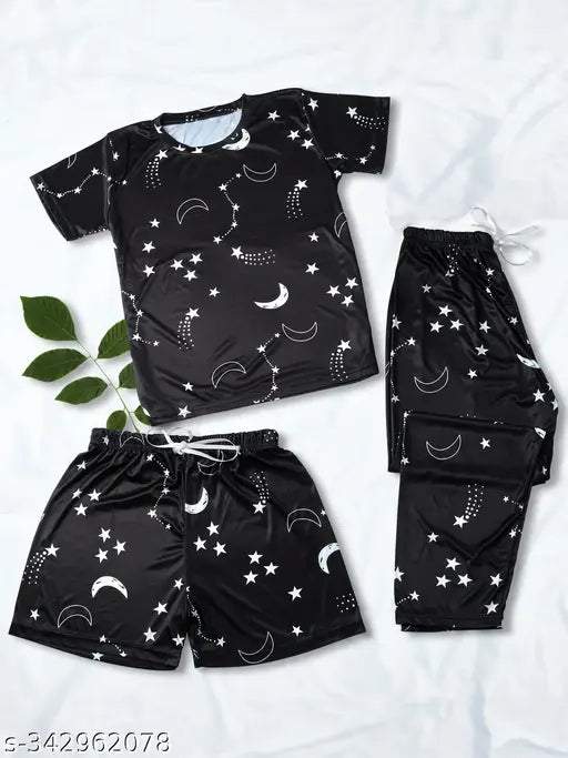 Soft silk night suit set (T-shirt, pajamas, shorts), printed pattern, expandable drawstring elastic waistband, Indian luxury sleepwear
