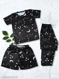 Soft silk night suit set (T-shirt, pajamas, shorts), printed pattern, expandable drawstring elastic waistband, Indian luxury sleepwear