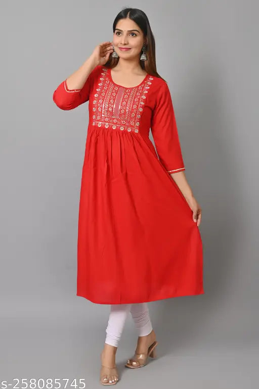 Red rayon Naira cut kameez with embroidery