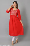 Red rayon Naira cut kameez with embroidery