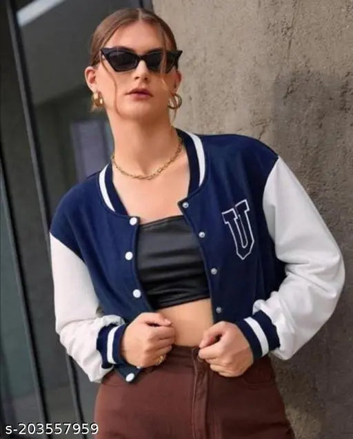 Fleece varsity jacket for women - solid color, long sleeves, size S (34" bust, 24" length) - Made in India