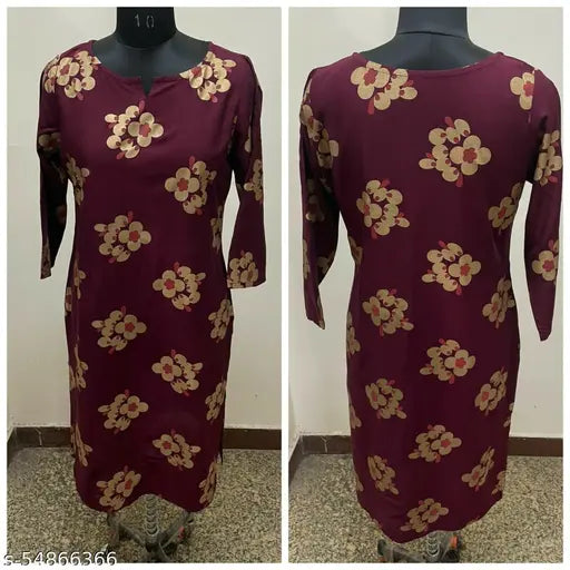Maroon rayon long-sleeve dress with floral pattern