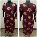 Maroon rayon long-sleeve dress with floral pattern
