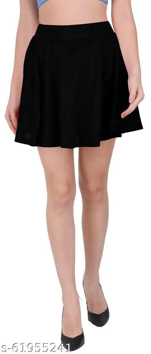 Blue denim skirt with black waistband and flared hem