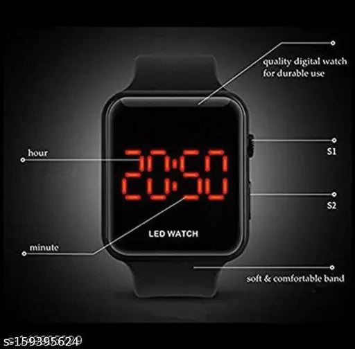 Black leather banded Apple Watch with illuminated digital time reading 20:58