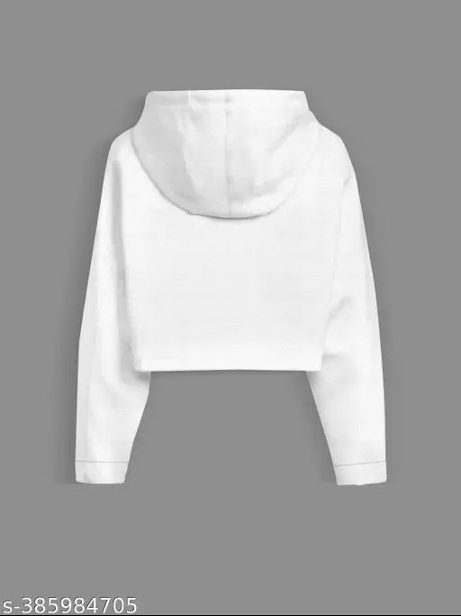 White cotton blend crop top hoodie with long sleeves, printed net design for kids aged 10-16 years, made in India