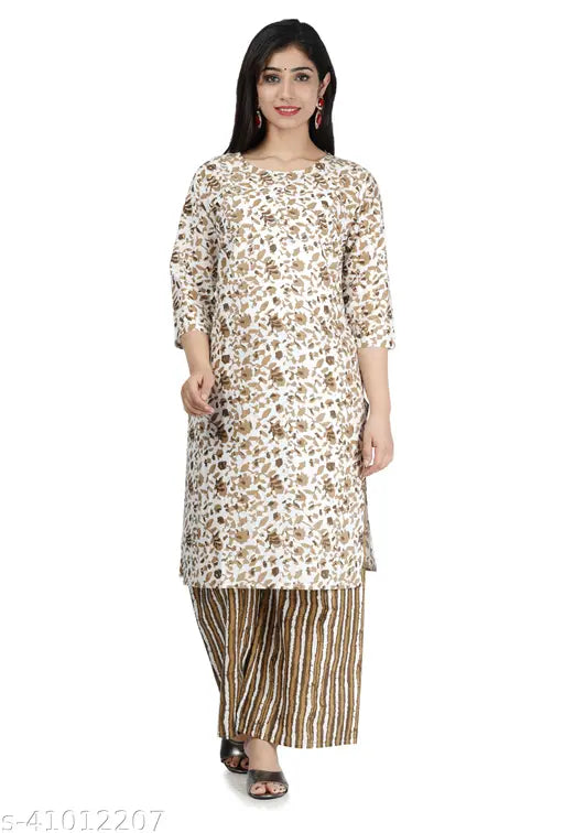 White and brown cotton Kurta Palazzo set for women, printed net three-quarter sleeve design on display stand