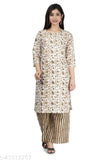 White and brown cotton Kurta Palazzo set for women, printed net three-quarter sleeve design on display stand