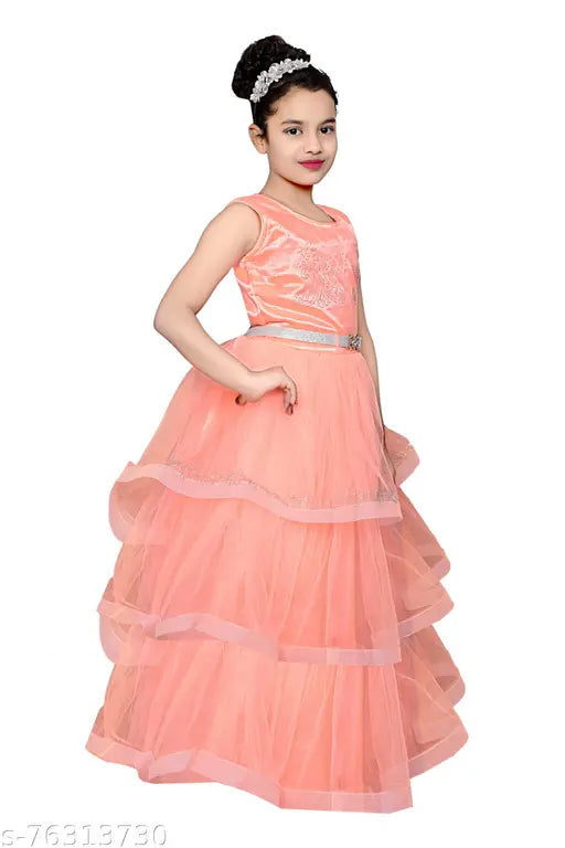 Peach net frock for girls, single pack, three-quarter sleeves, size 3-4 years or 7-8 years or 8-9 years. Indian handcrafted net dress on display stand