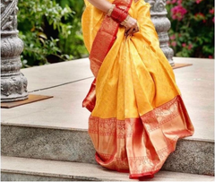 Saree Pure Silk With Pure Zari Weaving Red And Yellow - GillKart