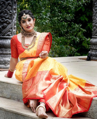 Saree Pure Silk With Pure Zari Weaving Red And Yellow - GillKart