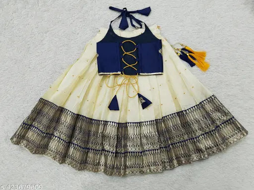 Kids baby girls readymade blue jacquard lehenga choli, art silk fabric, stitched net, sleeveless design, leheriya pattern, upper side drawstring available