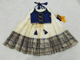 Kids baby girls readymade blue jacquard lehenga choli, art silk fabric, stitched net, sleeveless design, leheriya pattern, upper side drawstring available