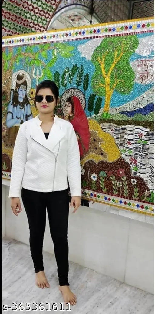 White wool v-neck side zipper jacket with kultin burfi style pattern, long sleeves for women or girls. Made in India