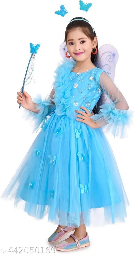 Blue chiffon fairy dress with tulle trim for girls, party wear