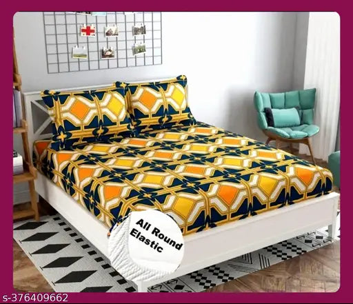 Multi-colored elastic fitted double bedsheet (90x90) & 2 pillow covers (78x72), 290TC cotton for summer, machine washable