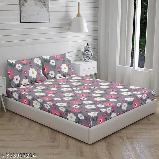 White glace cotton floral fitted double bedsheet (72x78 inches with 6 inch mattress), ideal for summer. Set includes 1 fitted sheet and 2 pillow covers