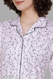 Women's printed front open cotton nightsuit set, shirt style floral print nightwear on display