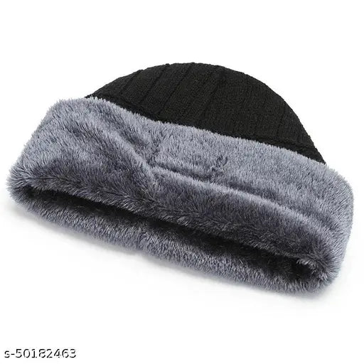 Black acrylic beanie, warm winter windproof & snowproof with fur lining, unisex cap from UPAREL (Made in India)
