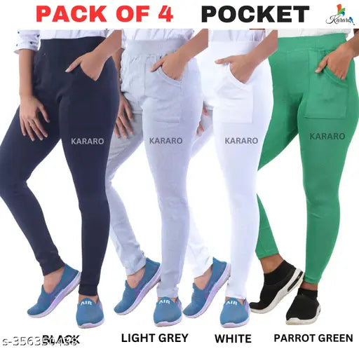 Stylish cotton blend jeggings pack of 4, solid color, OE fabric recycled - trendy and comfortable women's leggings, multiple sizes available from 26 to free size, made in India